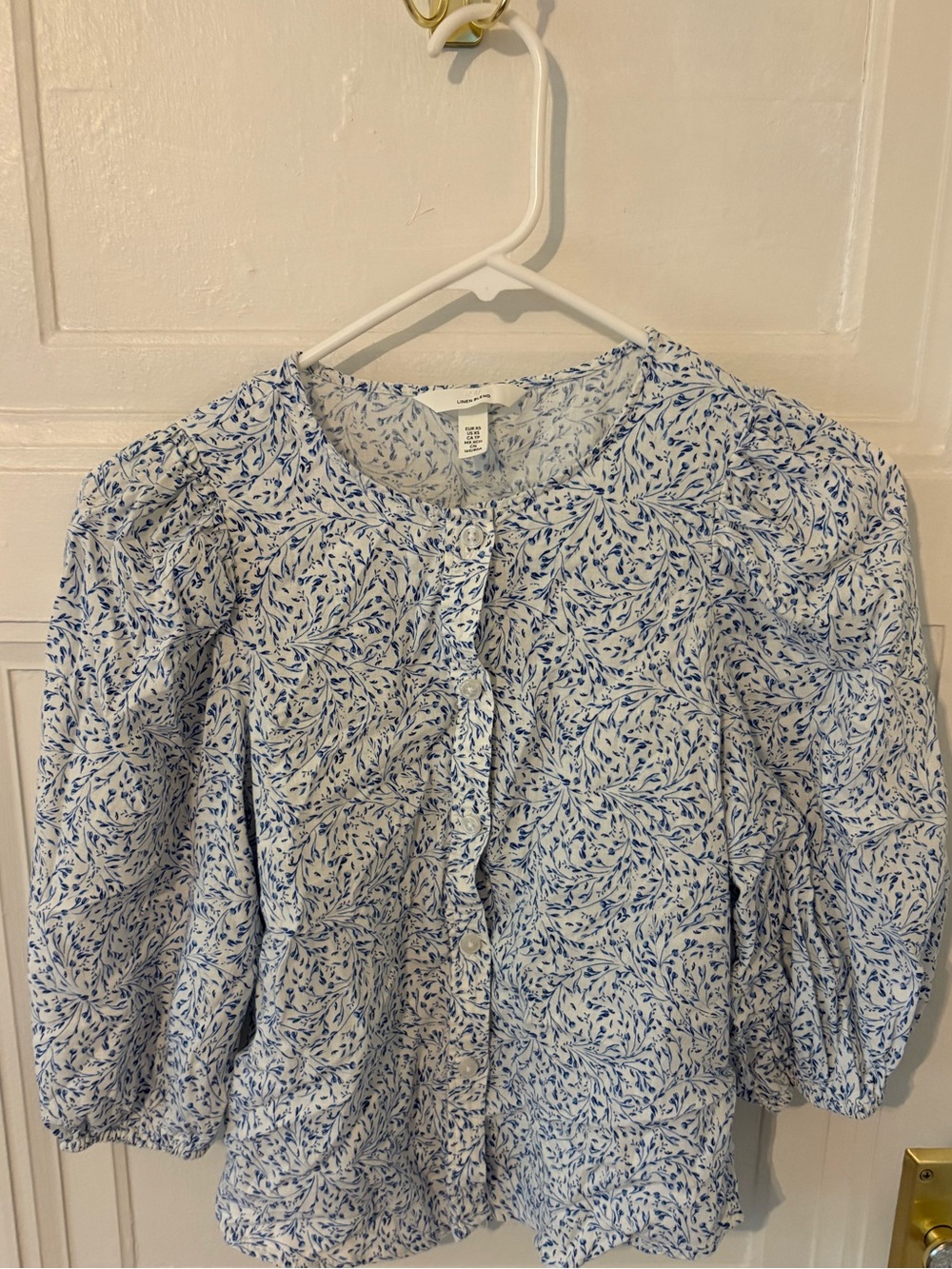 H&M Linen Light Blue and White Floral Button-Up Blouse